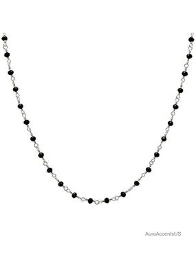 White Gold Plated Wire Wrapped Onyx Beaded Chain Necklace 24 Inch